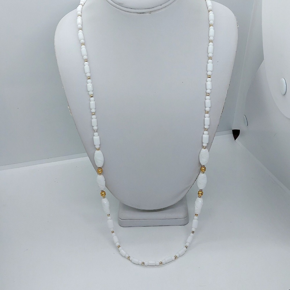 White Glass Beaded Necklace Gold Tone Accent Beads Statement Necklace